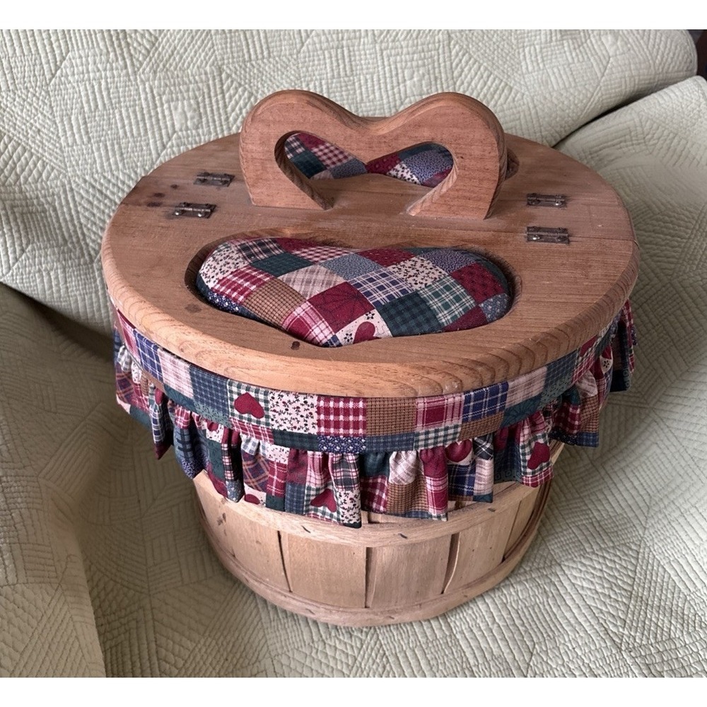 Vintage Bushel Sewing Basket Wooden DuelFlip Top Heart Handle Check Liner 14"